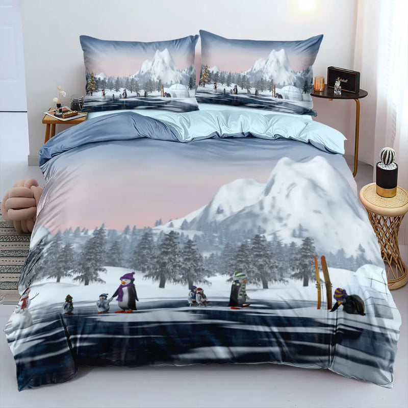 Holiday Bedding Set with Pillowcases, Winter Mountain Snow Scene Christmas Duvet Cover Set, Microfiber Quilt Cover, Xmas Present