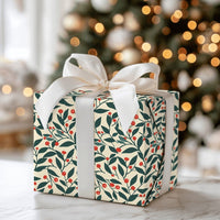 Red Berry Green Leaf Gift Wrap, Botanical Christmas Wrapping Paper, Winter Holiday Wrapping Paper, Festive Botanical Gift Wrap Roll