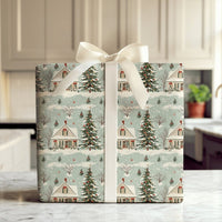 Snowy Pine Tree Holiday Gift Wrap, Vintage Christmas House Wrapping Paper, Nostalgic Winter Wrapping Paper, Xmas Present Wrap
