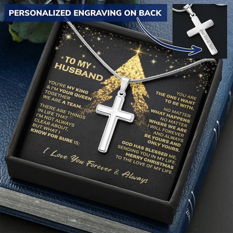 Engraved Stainless Steel Cross Pendant, Personalized Cross Necklace for Husband, Mens Religious Jewelry, Romantic Christmas Present for Him