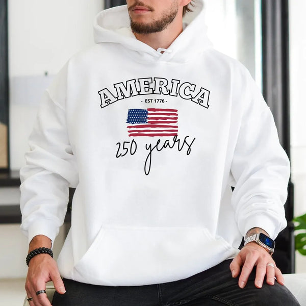 America 250 Years Hoodie | Est 1776 American Flag Patriotic Design | Soft Cotton-Polyester Blend | 4th of July Gift for History Lovers