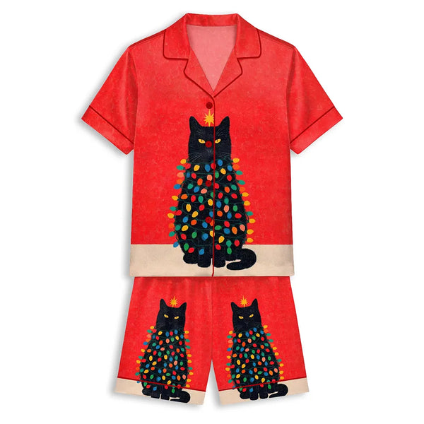 Festive Cat Holiday Satin Pajamas, Black Cat Christmas Lights Pajama Set, Adorable Christmas Kitten Sleepwear, Holiday PJs