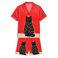 Festive Cat Holiday Satin Pajamas, Black Cat Christmas Lights Pajama Set, Adorable Christmas Kitten Sleepwear, Holiday PJs