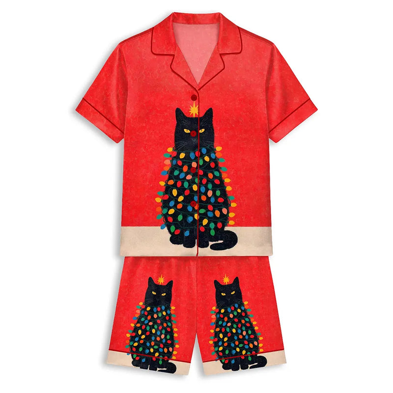 Festive Cat Holiday Satin Pajamas, Black Cat Christmas Lights Pajama Set, Adorable Christmas Kitten Sleepwear, Holiday PJs