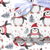 Santa Hat Holiday Gift Wrap, Watercolor Penguin Christmas Wrapping Paper, Winter Penguin Wrapping Paper, Snowy Tree Gift Wrap