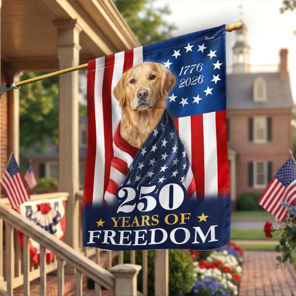 Golden Retriever American Flag Garden Flag | 250 Years of Freedom Patriotic Design | Double-Sided Weather-Resistant Polyester | Dog Lover Gift