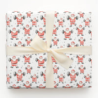 Humorous Gym Holiday Gift Wrap, Weightlifting Santa Christmas Wrapping Paper, Fitness Barbell Santa Paper, Bodybuilder Present Wrapping Paper