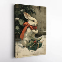 Whimsical Bunny Canvas Print, Vintage Christmas Rabbit Canvas Wall Art, Holiday Bunny with Red Bow Canvas, Comfy Xmas Home Decor Present