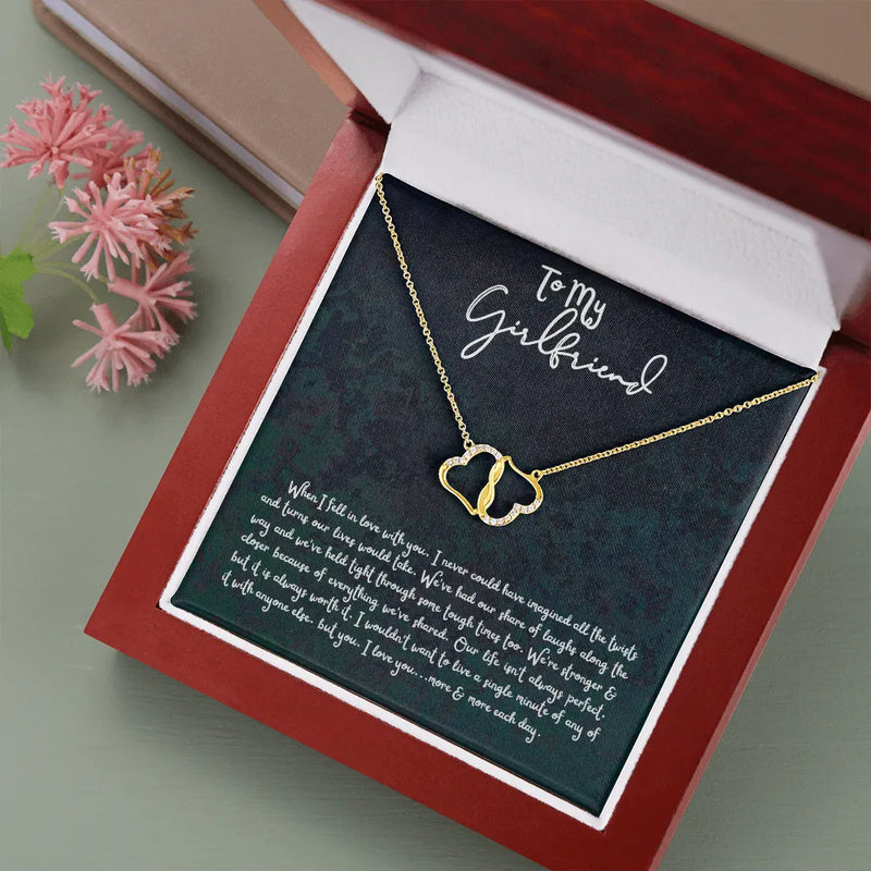 10k Solid Gold Heart Pendant, Girlfriend Interlocking Hearts Necklace, Diamond Accent Heart Necklace, Romantic Anniversary Christmas Present
