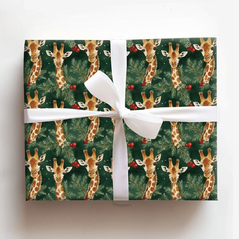Watercolor Safari Giraffe Gift Wrap, Christmas Giraffe Wrapping Paper, Festive Giraffe Wrapping Paper, Dark Green Pine Holiday Present Wrap