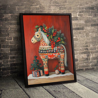 Scandinavian Folk Art Canvas Wall Art, Dala Horse Canvas Print, Festive Christmas Canvas Art, Nordic Holiday Wall Decor, Winter Home Present