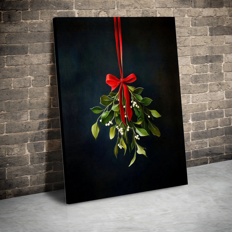 Red Ribbon Christmas Canvas Print, Hanging Mistletoe Canvas Wall Art, Holiday Botanical Wall Decor, Winter Floral Canvas, Festive Xmas Present