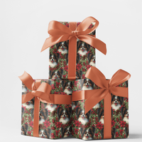 Festive Puppy Holiday Gift Wrap, Papillon Dog Christmas Wrapping Paper, Adorable Pet Floral Present Wrap, Dog Lover Christmas Gift Wrap Roll
