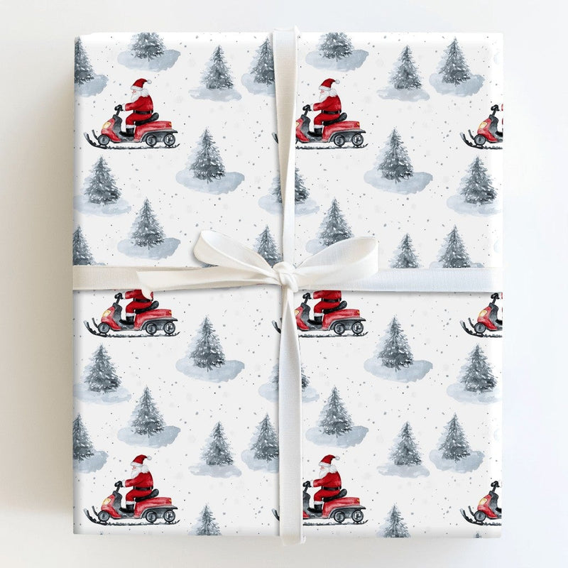 Winter Pine Trees Gift Wrap, Santa Claus on Red Snowmobile Wrapping Paper, Watercolor Christmas Wrapping Paper, Holiday Present Paper