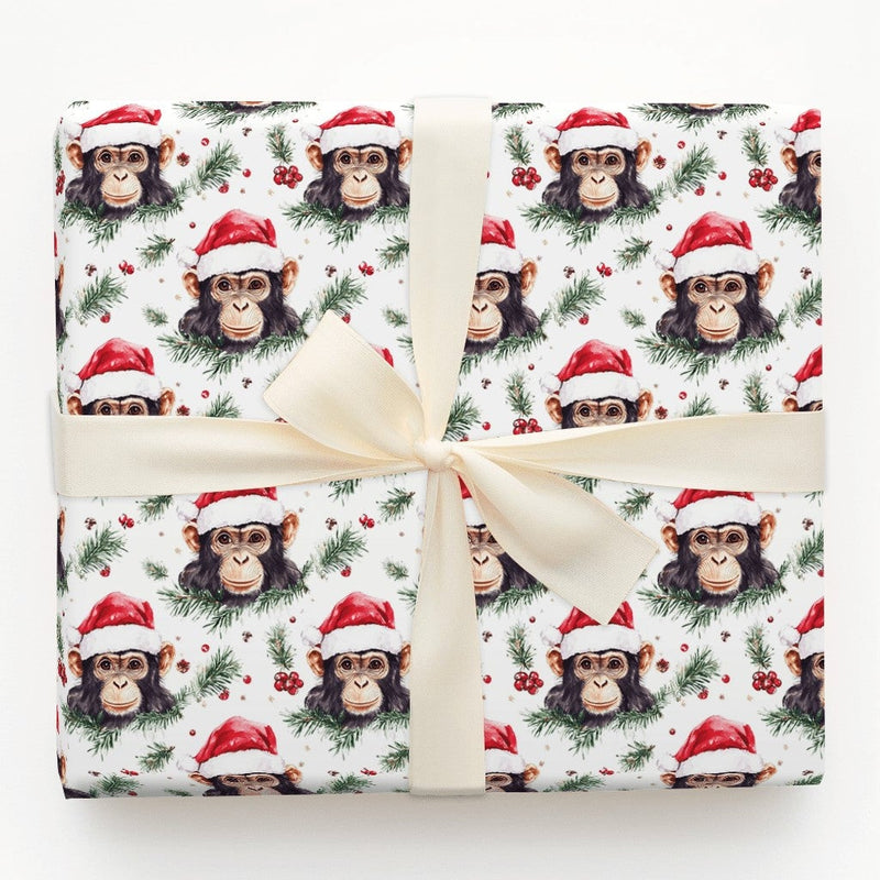 Santa Hat Monkey Gift Wrap, Chimpanzee Christmas Wrapping Paper, Humorous Animal Holiday Paper, Festive Pine Berry Present Wrapping Paper