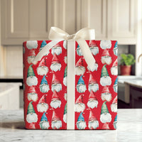 Watercolor Holiday Wrapping Paper, Red Christmas Gnome Wrapping Paper, Whimsical Scandinavian Gift Wrap, Adorable Winter Gnome Wrapping Paper