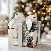 Dog with Tree Holiday Gift Wrap, Black Labrador Christmas Wrapping Paper, Watercolor Pet Wrapping Paper, Dog Lover Xmas Present Paper Roll