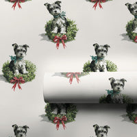 Puppy in Wreath Watercolor Gift Wrap, Schnauzer Dog Christmas Wrapping Paper, Holiday Dog Lover Wrapping Paper Roll, Xmas Present Paper