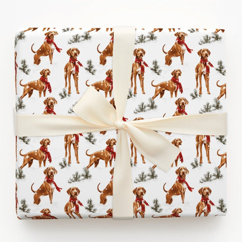Festive Red Scarf Gift Wrap, Vizsla Dog Wrapping Paper, Winter Holiday Puppy Wrapping Paper, Christmas Wrapping Paper for Dog Lovers