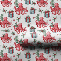 Coastal Nautical Holiday Gift Wrap, Christmas Octopus Wrapping Paper, Red Octopus Xmas Wrapping Paper, Whimsical Marine Life Wrapping Paper