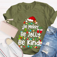 Santa Hat Fairy Lights Graphic Tee, Be Merry Be Jolly Be Kind Christmas T-Shirt, Holiday Family Shirt, Xmas Party Top