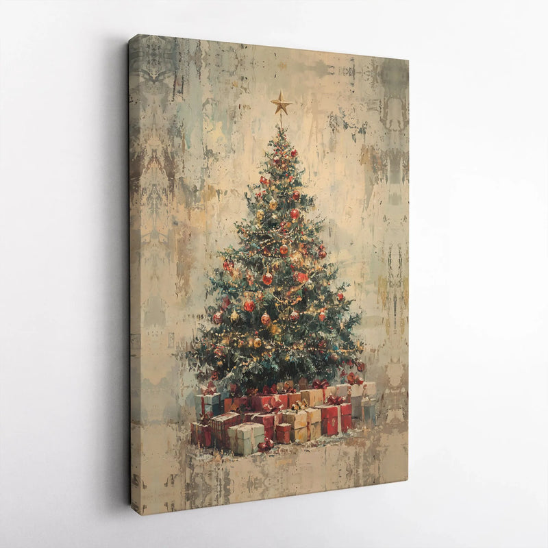 Vintage Tree with Wrapped Presents Print, Rustic Christmas Tree Wall Art, Comfy Holiday Art Poster, Seasonal Digital Download Decor