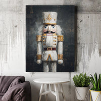Holiday Soldier Portrait Canvas, White and Gold Nutcracker Canvas Wall Art, Christmas Nutcracker Canvas Print, Winter Seasonal Decor