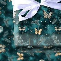 Teal Pine Ornament Gift Wrap, Winter Butterfly Wrapping Paper, Botanical Christmas Wrapping Paper, Nature Holiday Present Gift Wrap