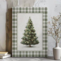 Green Plaid Border Holiday Canvas Print, Rustic Christmas Tree Canvas Wall Art, Country Farmhouse Xmas Wall Decor, Winter Season Present