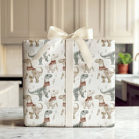 Watercolor T-Rex Gift Wrap, Dinosaur Christmas Wrapping Paper, Holiday Dino Wrapping Paper, Winter Dino Gift Wrap, Kids Christmas Paper