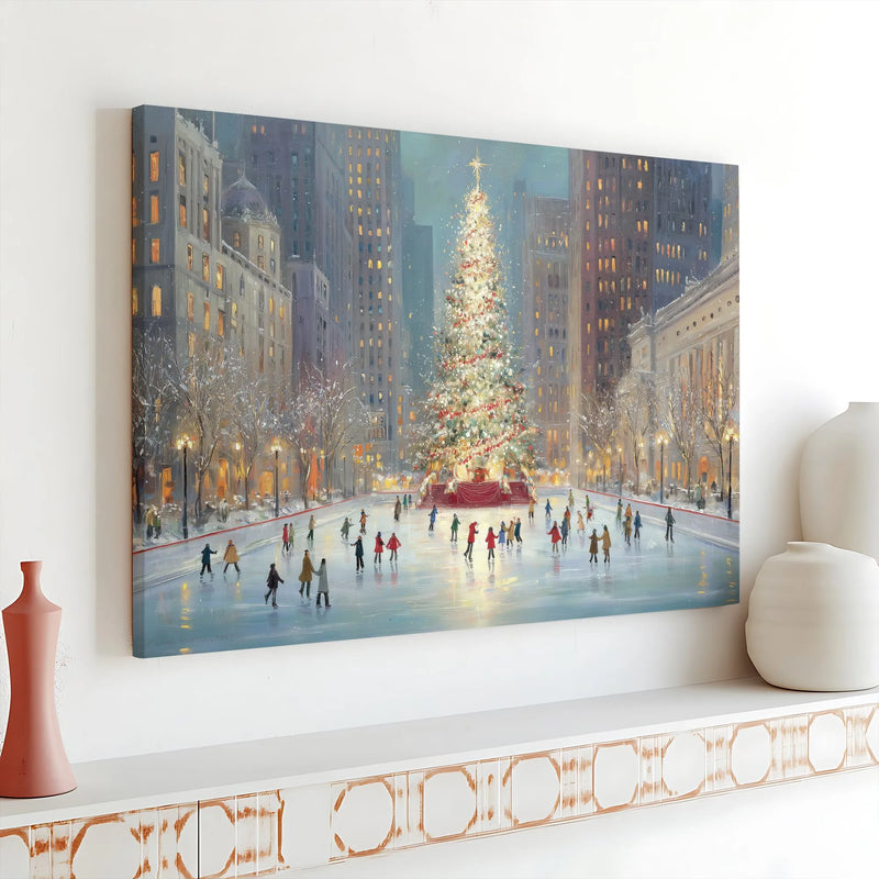 Urban Winter Holiday Canvas Print, Christmas Tree Ice Skating Poster, Comfy Snow Cityscape Wall Art, Seasonal Digital Download