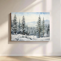 Snowy Pine Landscape Painting Print, Winter Forest Canvas Wall Art, Peaceful Holiday Season Decor, Rustic Christmas Tree Art Canvas
