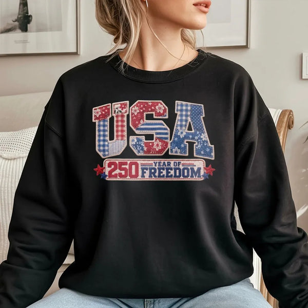 America 250th Anniversary Sweatshirt | Patchwork USA 250 Year of Freedom Design | Soft Cotton Polyester Blend | Patriotic Gift for History Lovers