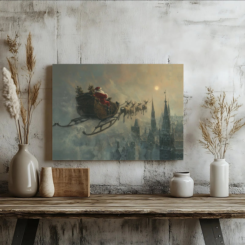 Vintage Winter Cityscape Wall Art, Santa Claus Sleigh Canvas Print, Christmas Sky Canvas Art, Holiday Wall Decor, Festive Santa Canvas