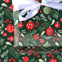 Pine Bough Holiday Gift Wrap, Christmas Ornament Wrapping Paper, Dark Green Red Festive Wrapping Paper, Winter Holiday Gift Wrap Roll