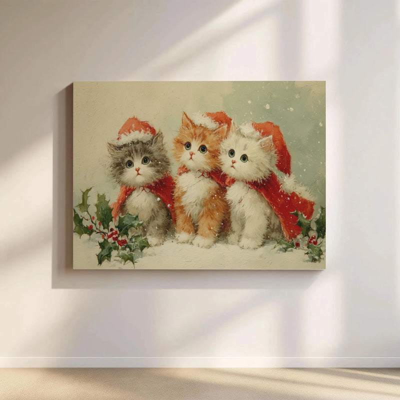Vintage Holiday Cat Canvas Print, Christmas Kittens Canvas Wall Art, Festive Santa Cats Canvas Artwork, Holiday Cat Art Digital Download