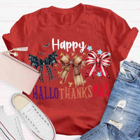 Halloween Thanksgiving Christmas Shirt, Happy Hallothanksmas Bow T-Shirt, Humorous Fall Holiday Mashup Graphic Tee, Autumn Coquette Top