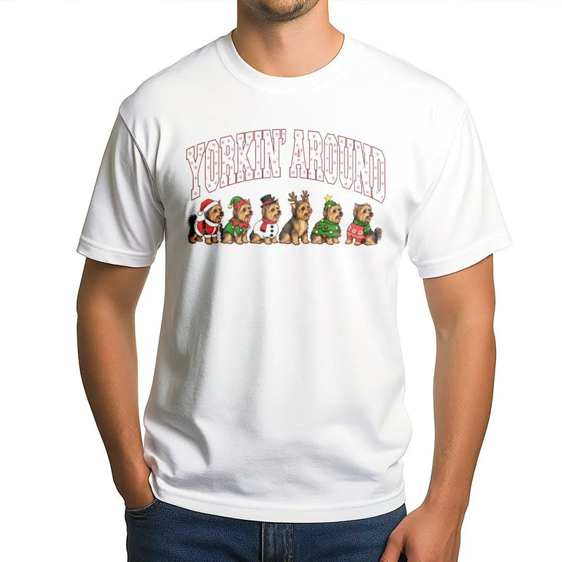 Humorous Yorkshire Terrier Holiday Tee, Yorkin Around Yorkie Christmas Shirt, Adorable Dog Lover Xmas Graphic T-Shirt, Santa Yorkie Present