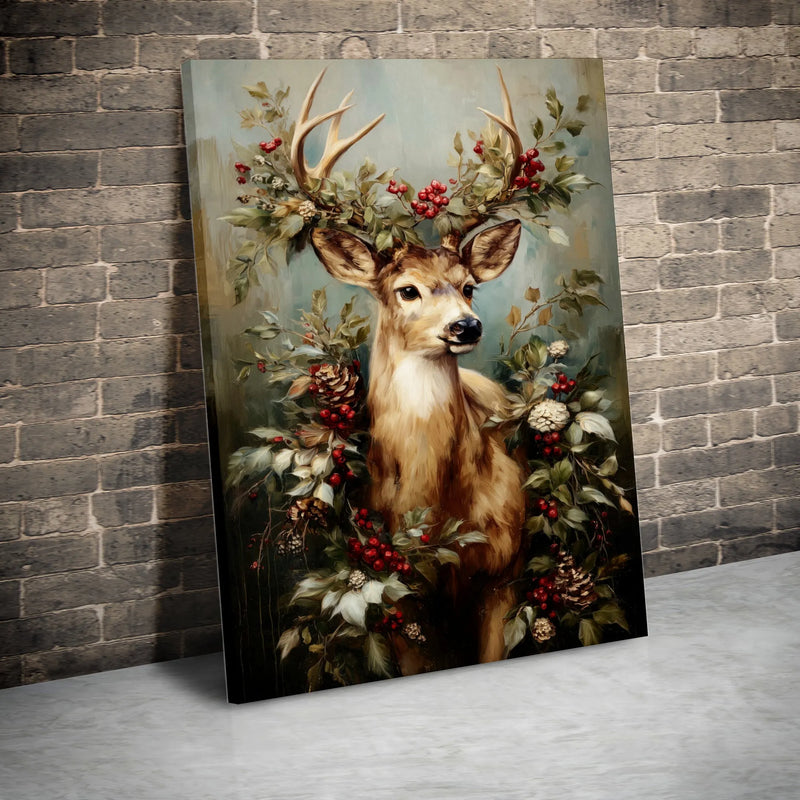 Rustic Reindeer Wreath Canvas Print, Winter Deer Canvas Wall Art, Holiday Christmas Wall Art Canvas, Farmhouse Winter Decor Present