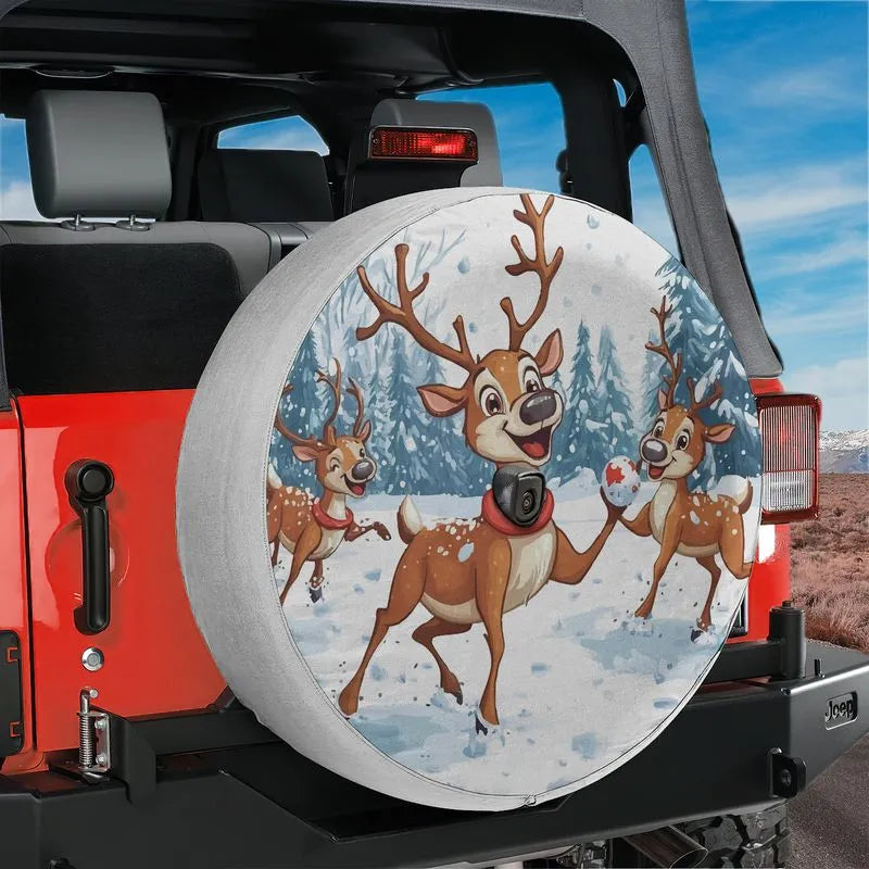 Snowball Fight Winter Tire Cover, Reindeer Games Spare Tire Cover, Adorable Reindeer Wheel Cover, Christmas SUV Tire Cover, Holiday Auto Decor