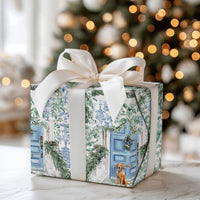Blue Door Holiday Gift Wrap, Chinoiserie Dog Christmas Wrapping Paper, Watercolor Dog Wrapping Paper, Festive Puppy Holiday Gift Wrap