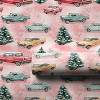 Retro Winter Tree Holiday Wrapping Paper, Vintage Pink Christmas Car Wrapping Paper, Pastel Xmas Gift Wrap Roll, Snowy Seasonal Present Wrap
