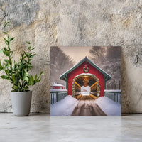 Snowy Red Barn Winter Landscape Poster, Christmas Covered Bridge Canvas Print, Holiday Wall Art, Digital Download Farmhouse Xmas Decor