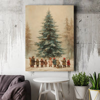 Children Snow Scene Canvas Print, Vintage Christmas Tree Canvas Wall Art, Retro Holiday Tree Canvas, Winter Wall Decor, Christmas Home Present