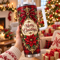 Red Tartan Poinsettia Holiday Tumbler, Merry Christmas Plaid Tumbler, Elegant Christmas Travel Cup, Xmas Present for Mom