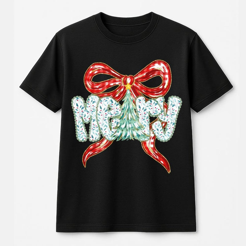 Coquette Bow Plaid Tree Shirt, Merry Christmas T-Shirt, Adorable Holiday Graphic Tee, Festive Winter Aesthetic T-Shirt for Women
