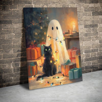 Spooky Ghost and Cat Holiday Print, Ghost and Black Cat Christmas Canvas Art, Gothic Christmas Ghost Wall Art, Digital Download Printable
