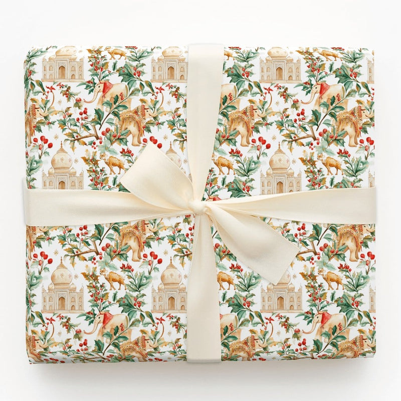 Indian Holiday Gift Wrap, Taj Mahal Christmas Wrapping Paper, Watercolor Elephant Camel Gift Wrap Roll, Multicultural Xmas Wrapping Paper