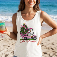 Pink Golf Cart Christmas Tree Tank, Christmas Goose Tank Top, Christmas in July Tank Top, Retro Beach Holiday Sleeveless Tee, Xmas Present