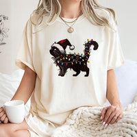 Humorous Holiday Kitten Graphic Tee, Black Cat Christmas Lights T-Shirt, Xmas Cat Lover Shirt, Adorable Christmas Pet Owner Present